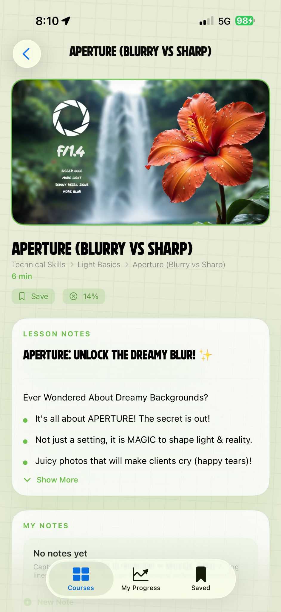 Actual Aperture: Blurry vs Sharp lesson screen