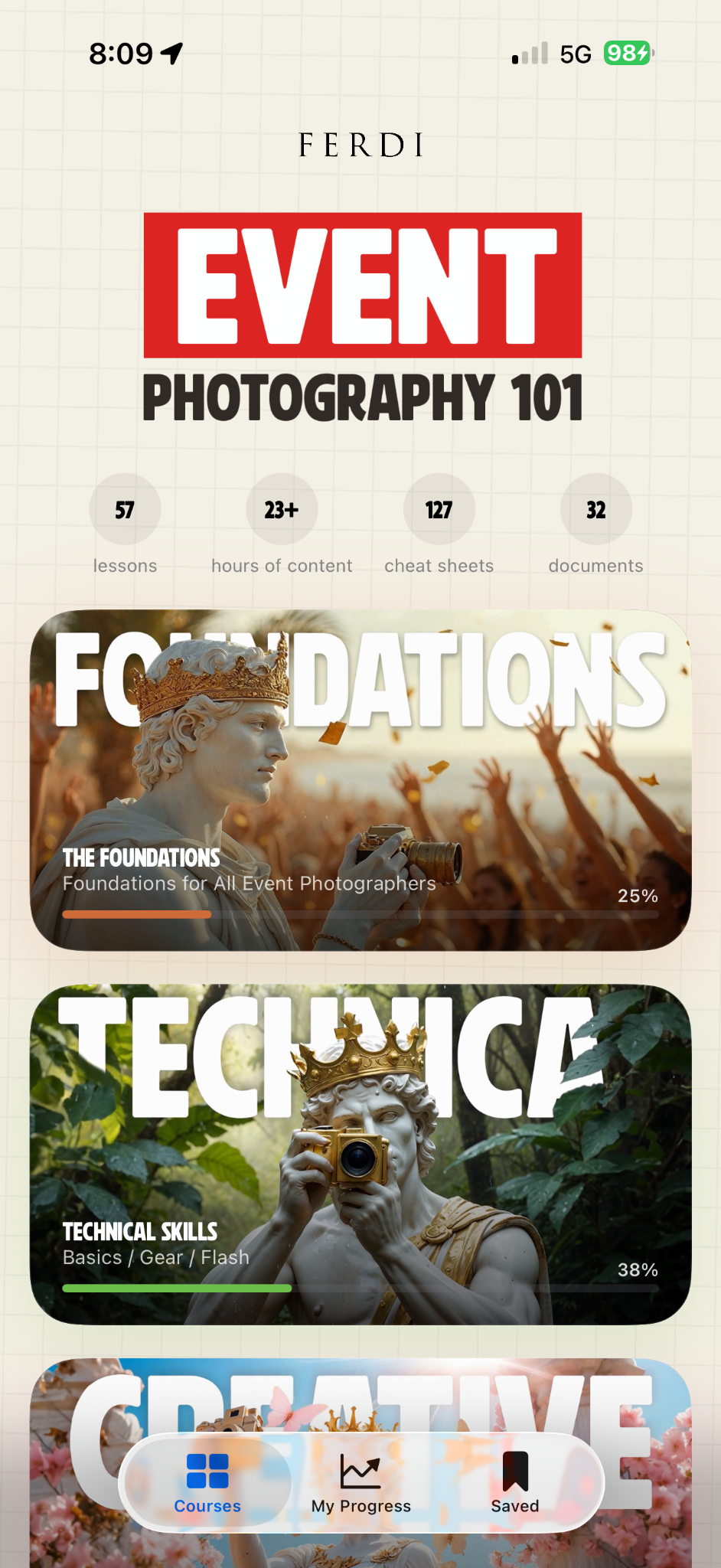 The actual Event Photography 101 front page showing the four course worlds