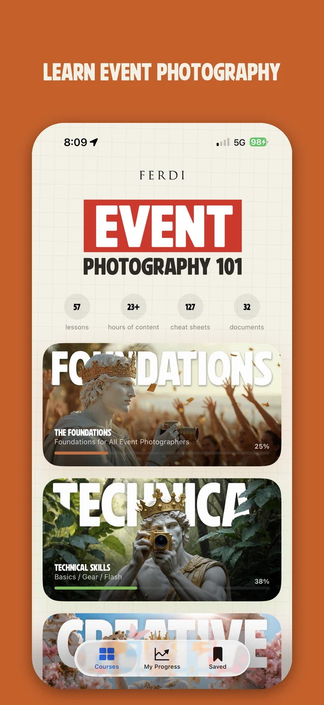 Official App Store screenshot showing the Event Photography 101 home screen and course cards