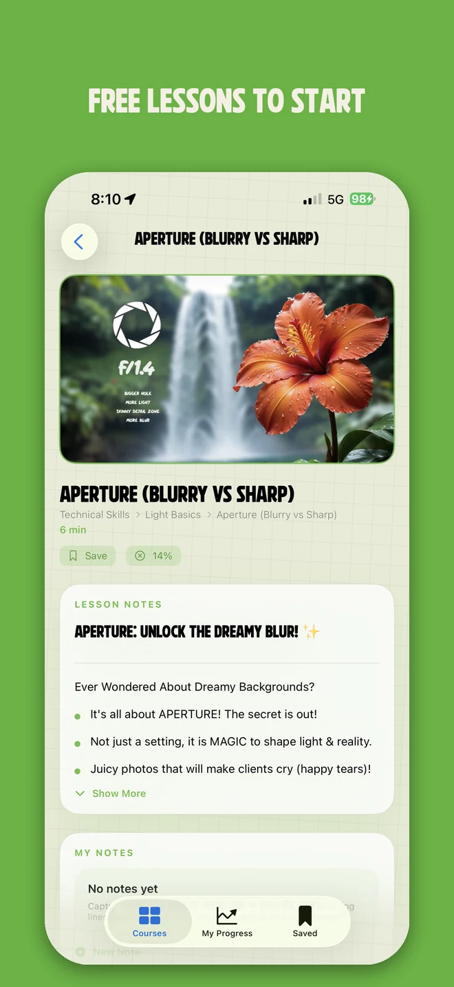 Official screenshot of a free aperture lesson in the app