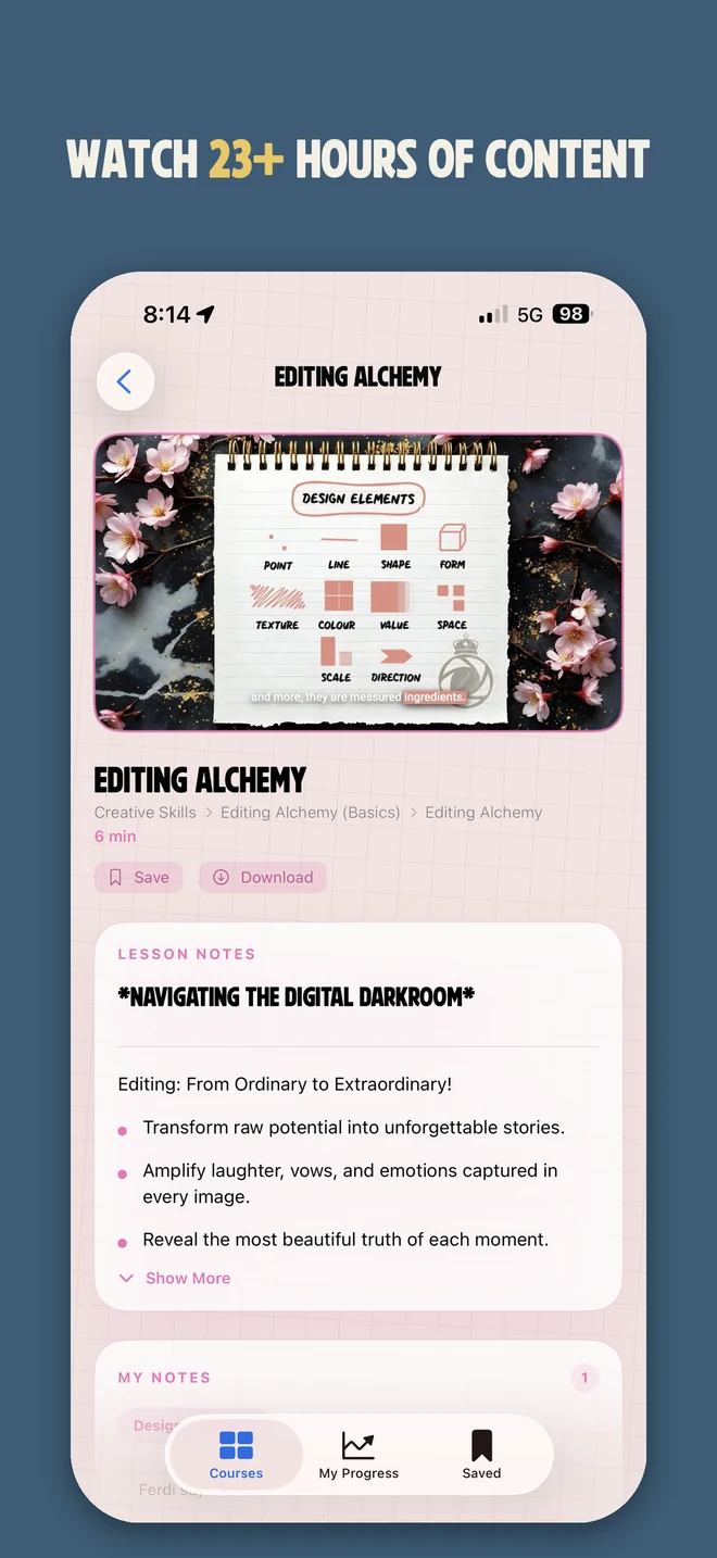 Official screenshot of an editing video lesson and notes