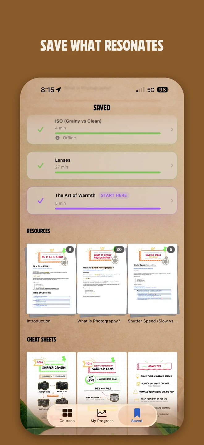 Official screenshot of saved lessons and bookmarked resources